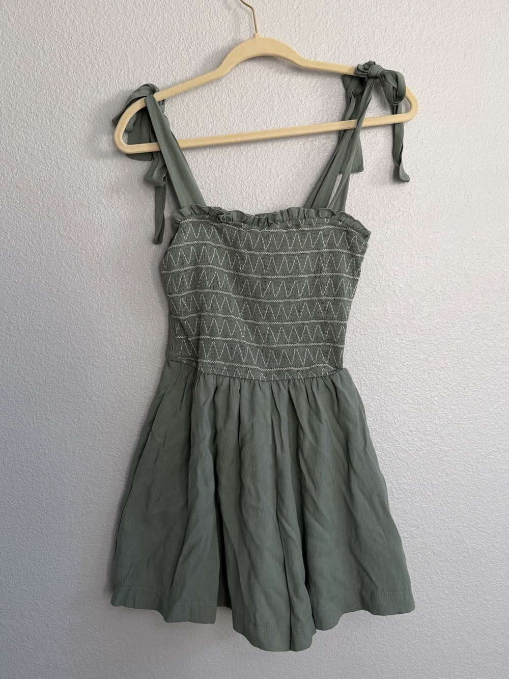 Trixxi Sage Green Tie-Shoulder Smocked Mini Dress